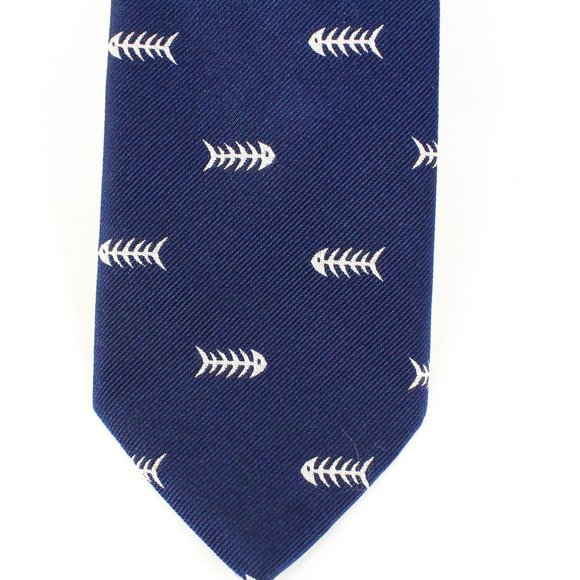 Brooks Brothers 100% Silk Tie Fish Skeleton Bones Navy Blue White Jacquard Men's - Picture 3 of 9